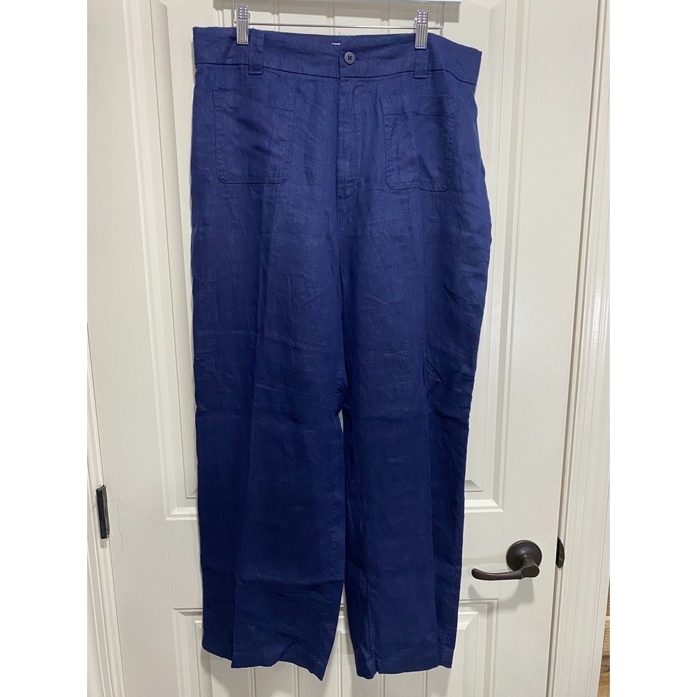 Nicole Miller Pants Women's 12 Navy Blue Linen Wide Leg Trousers Nautical Pocket